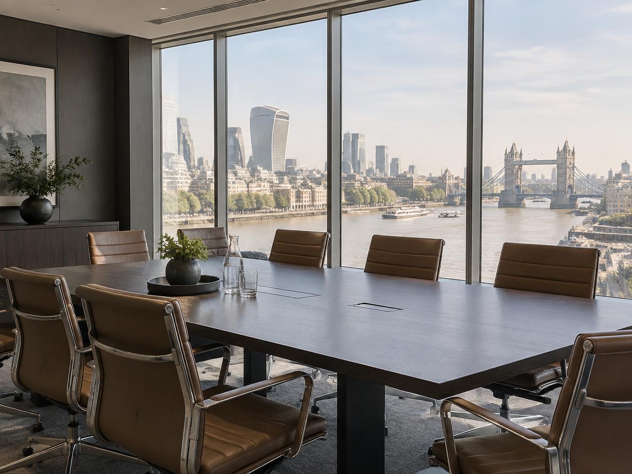 A quiet meeting room looking out over the London skyline